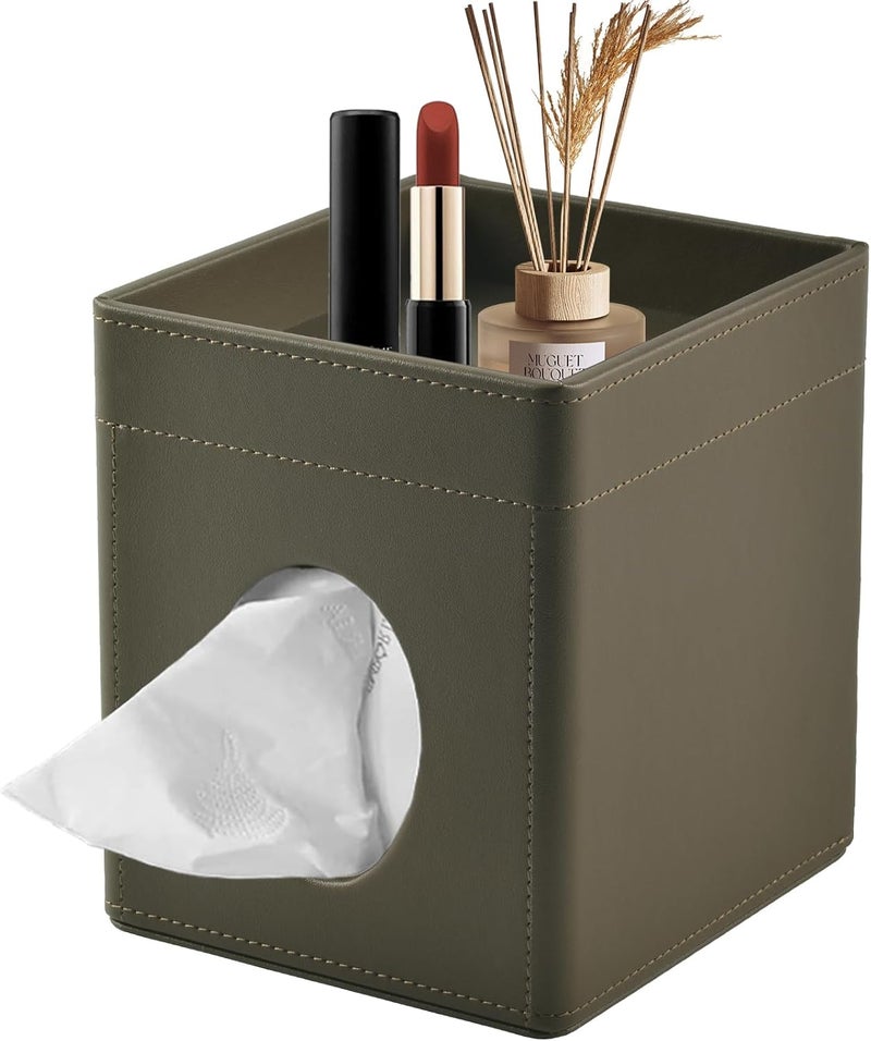 XNONE Tissue Box Cover Square Tissue Box Holder PU Leather Facial Tissues Organizer with Storage Tray for Bathroom Vanity Bedroom Office Car,Stylish Napkin Caddy Decorative Organizer (Olive-Green) - Image 1
